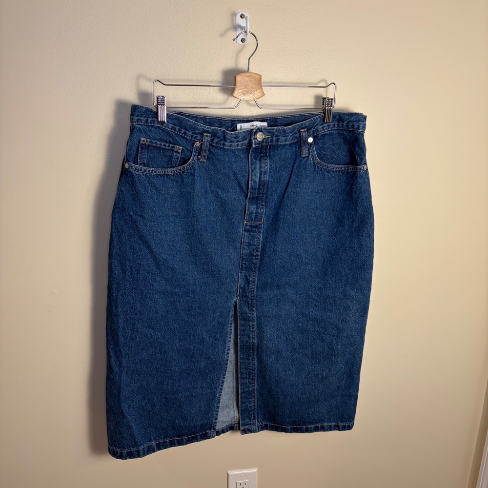 MNG Mango Denim Skirt Womens XXL Blue Midi Front Slit High Waisted 100% Cotton - Picture 8 of 8